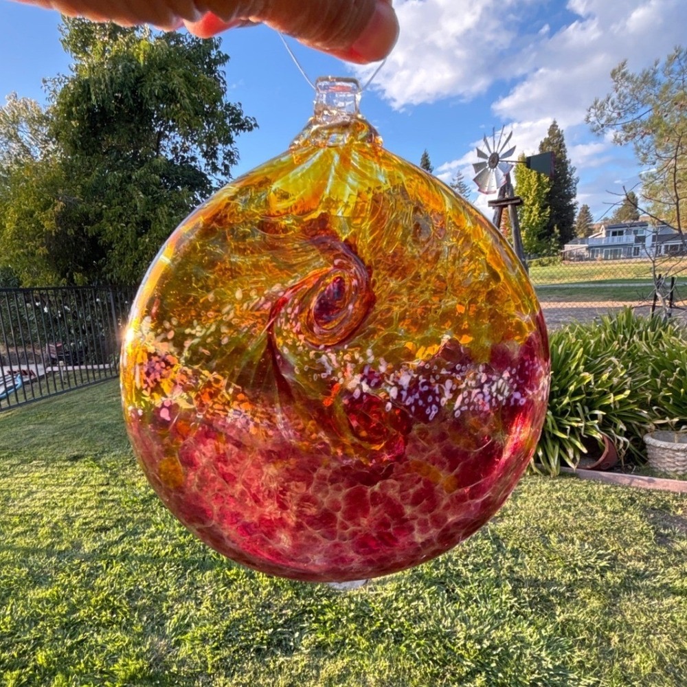 Handmade Art Glass Suncatcher Ornament Large Round 5" x 1" Pink Yellow